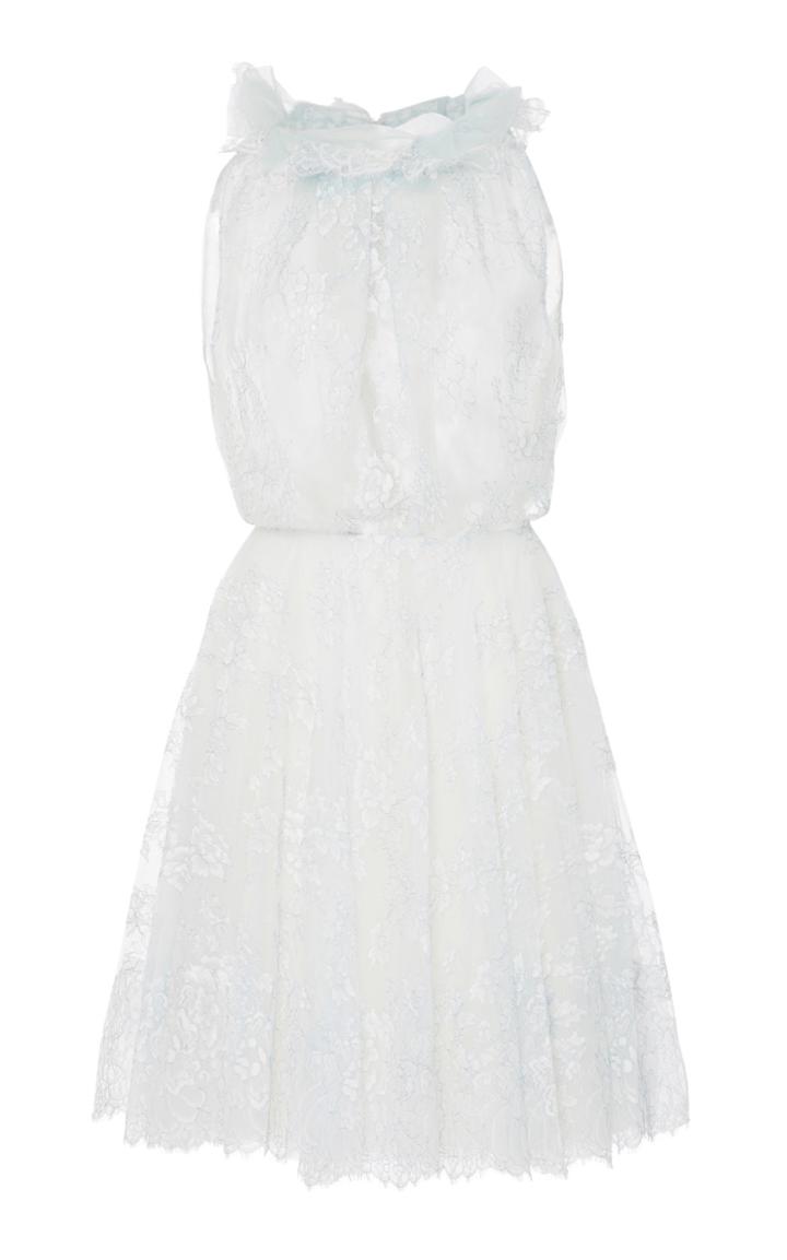 Monique Lhuillier Sleeveless Ruffled Neck Lace Dress