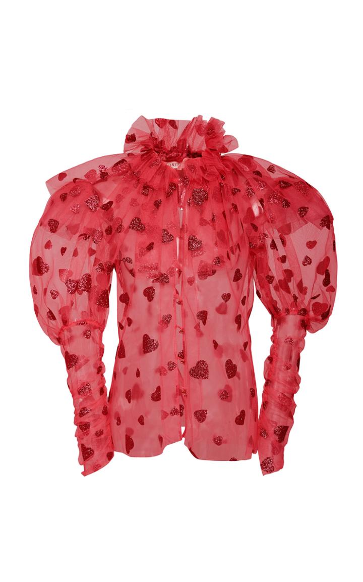Rodarte Flamingo Glittered Heart-detailed Tulle Blouse