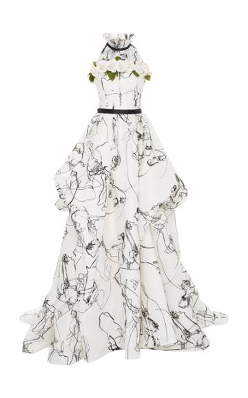 Elizabeth Kennedy Ball Gown With Flocked Abstract Print And Flower Bustier