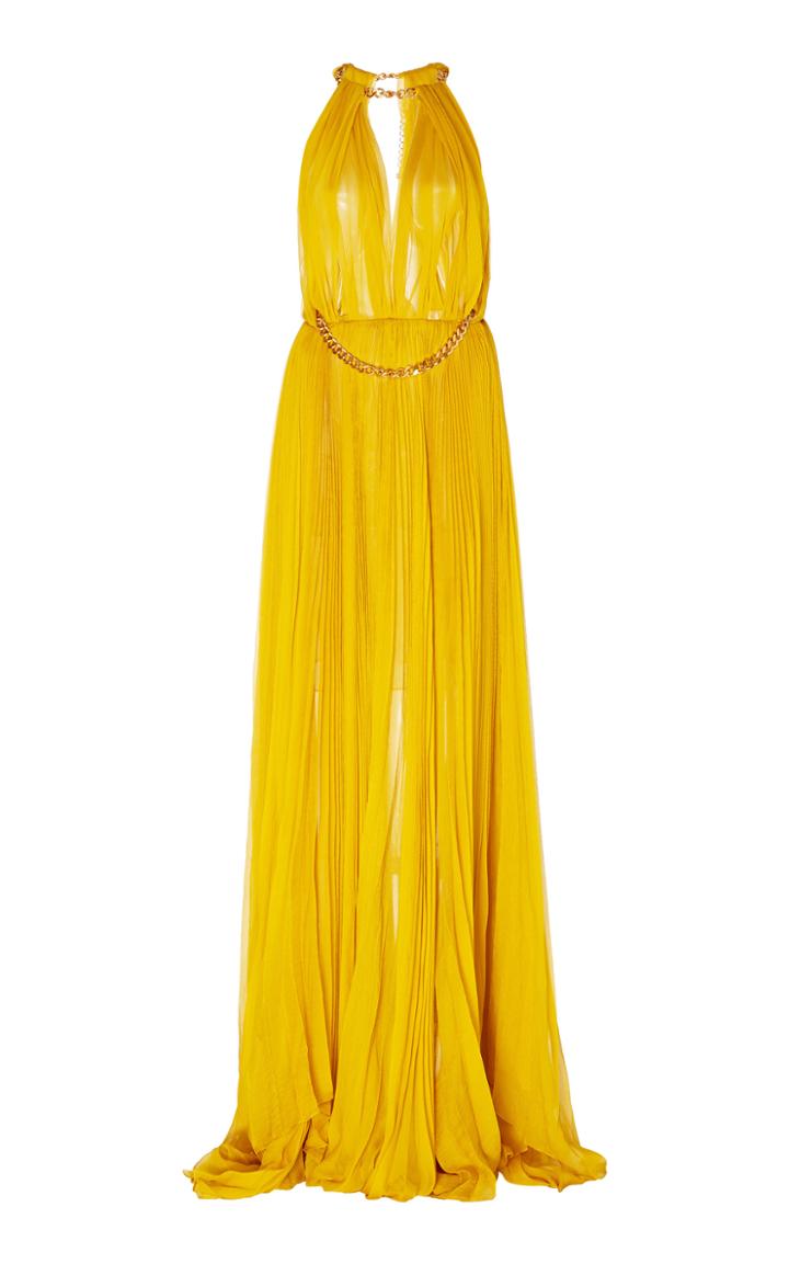 Oscar De La Renta Embellished Pleated Silk Gown