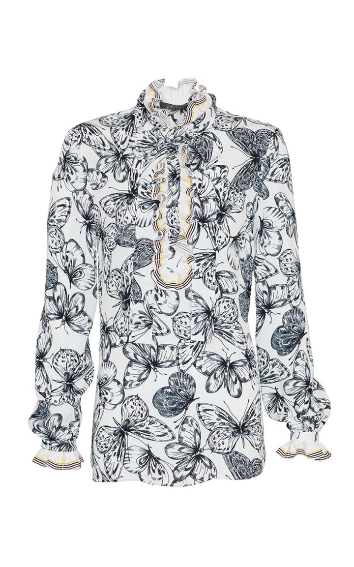 Moda Operandi Lela Rose Butterfly Printed Georgette Ruffle Detail Blouse