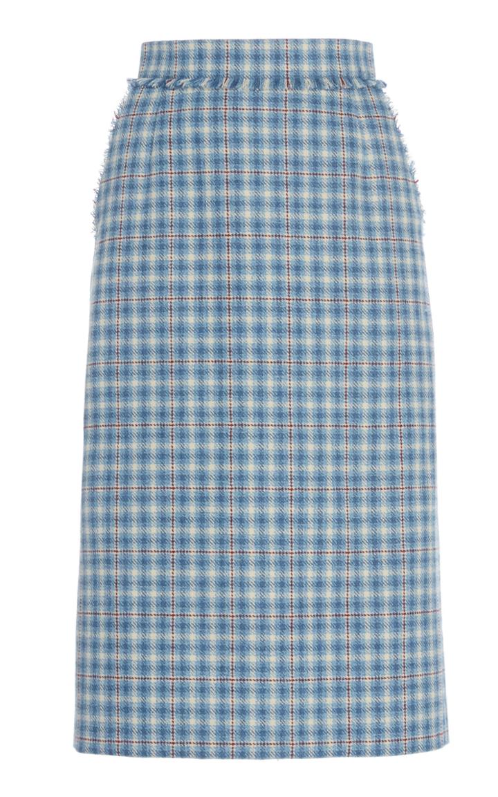 Thom Browne Wool Frayed Hem Checked Pencil Skirt