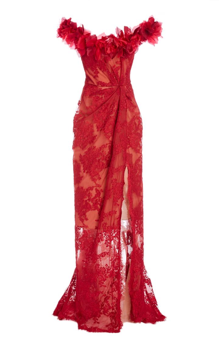 Moda Operandi Marchesa Floral-embellished Lace Gown