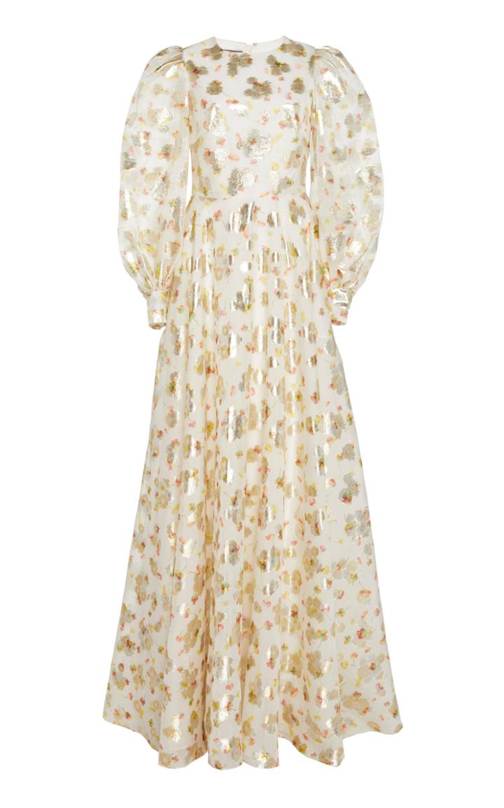 Monique Lhuillier Metallic Organza Floral Bishop Sleeve Gown