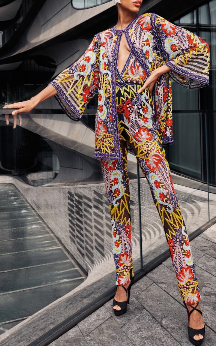 Moda Operandi Naeem Khan Fitted V Neck Beaded Jumpsuit
