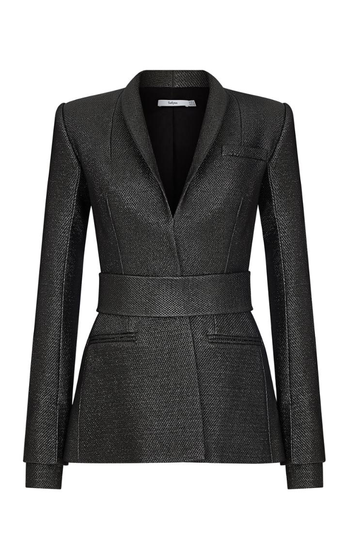 Moda Operandi Safiyaa Heather Metallic Jacquard Belted Blazer