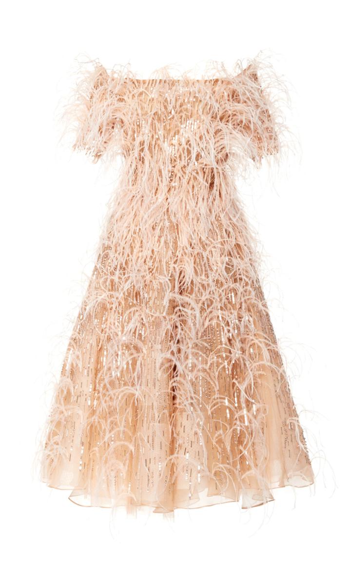 Pamella Roland Sequin And Feather Off-the-shoulder Dress