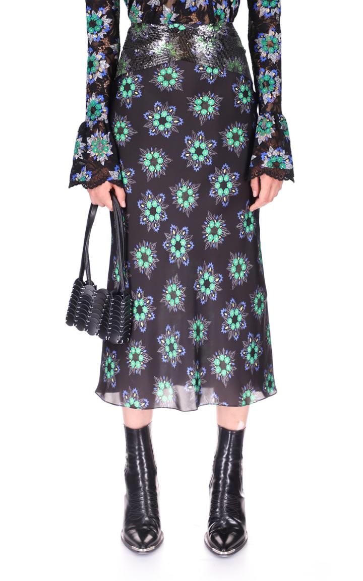 Moda Operandi Paco Rabanne Chainmail-detailed Floral Satin Midi Skirt