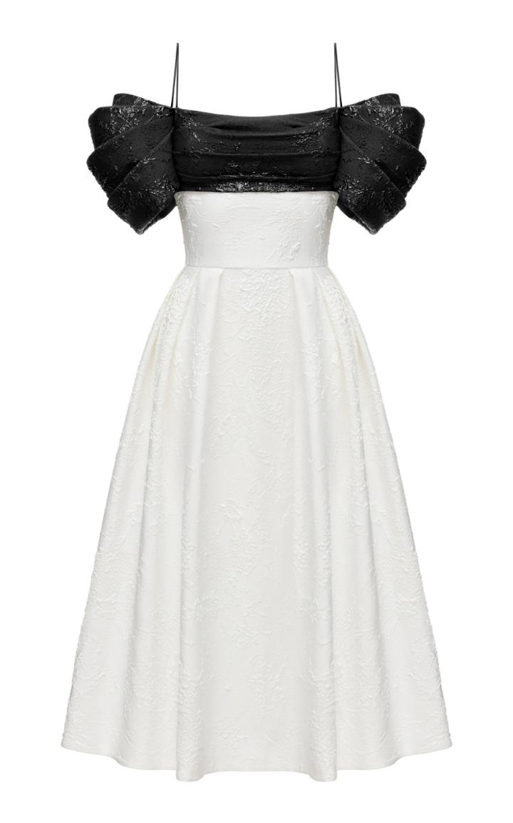 Moda Operandi Rasario Jacquard Midi Dress With Draped Sleeves And Voluminous Skirt
