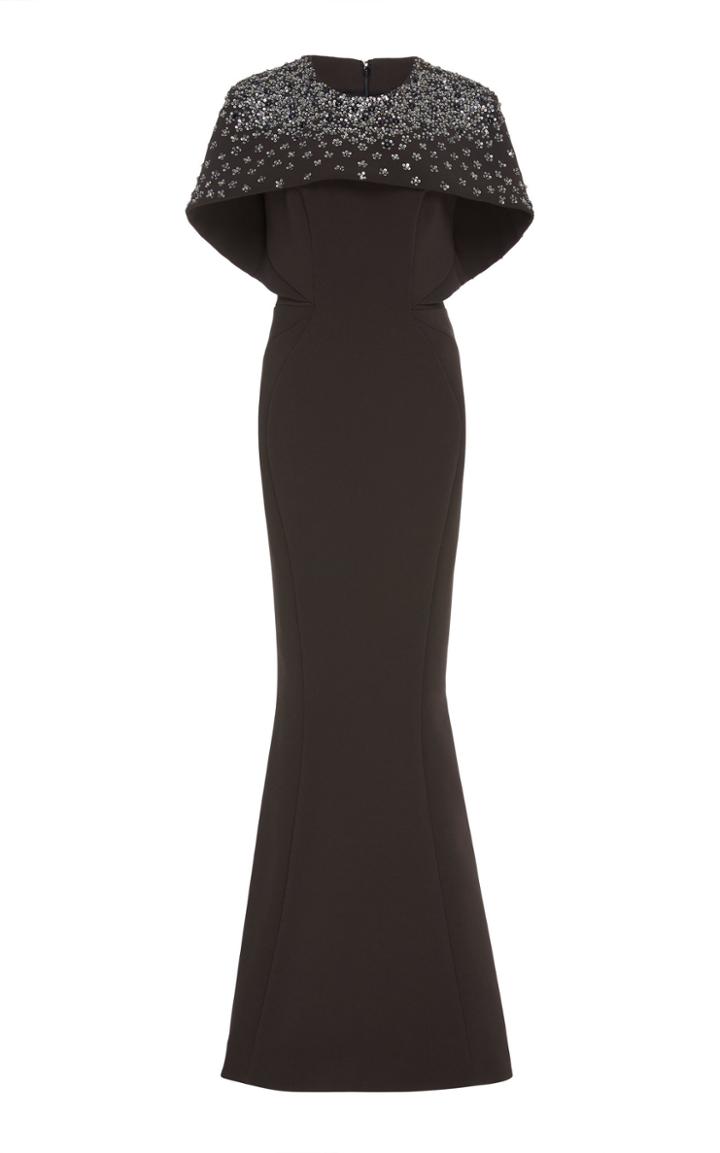 Zac Posen Espresso Sequin Fitted Shoulder Cape Gown