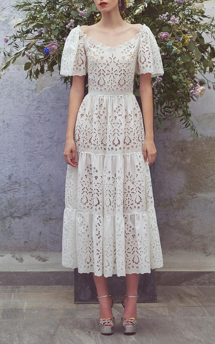 Luisa Beccaria Embroidered Eyelet Short Sleeve Dress