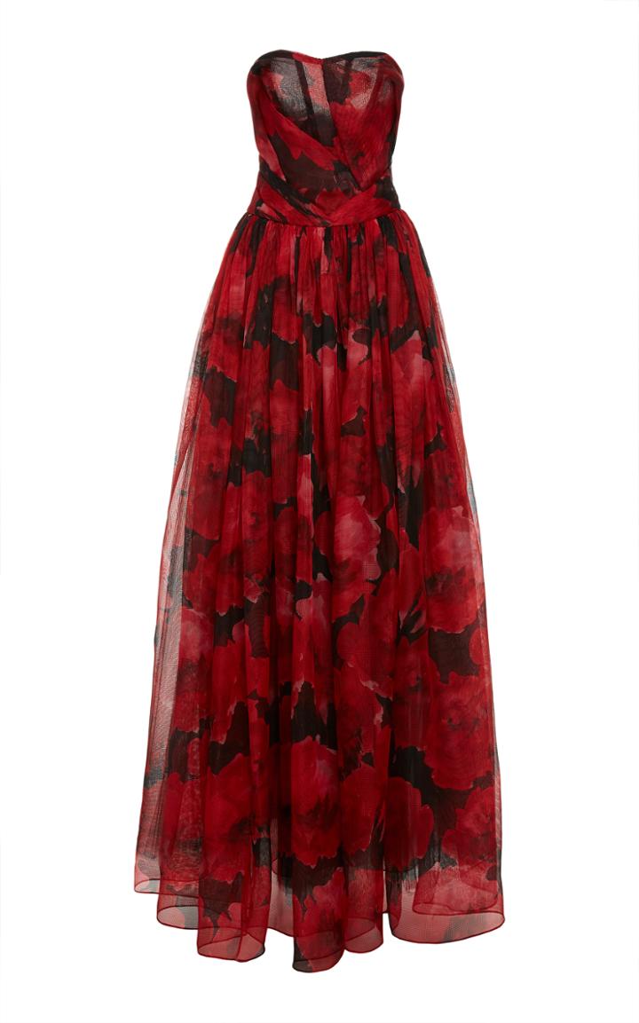 Pamella Roland Ruby & Black Printed Mesh Organza Strapless Gown