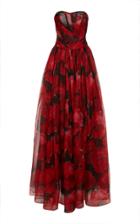 Pamella Roland Ruby & Black Printed Mesh Organza Strapless Gown