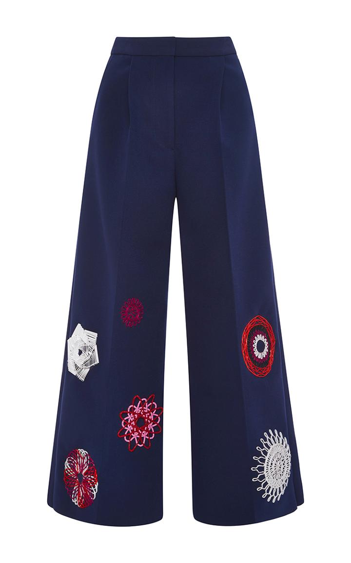 Msgm Navy Cropped Pleated Pants With Appliqu