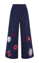 Msgm Navy Cropped Pleated Pants With Appliqu