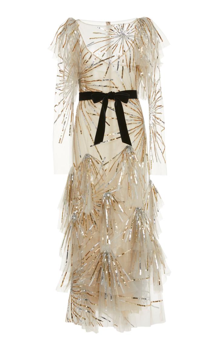 Monique Lhuillier Embroidered Illusion Long Sleeve Tea Length Gown