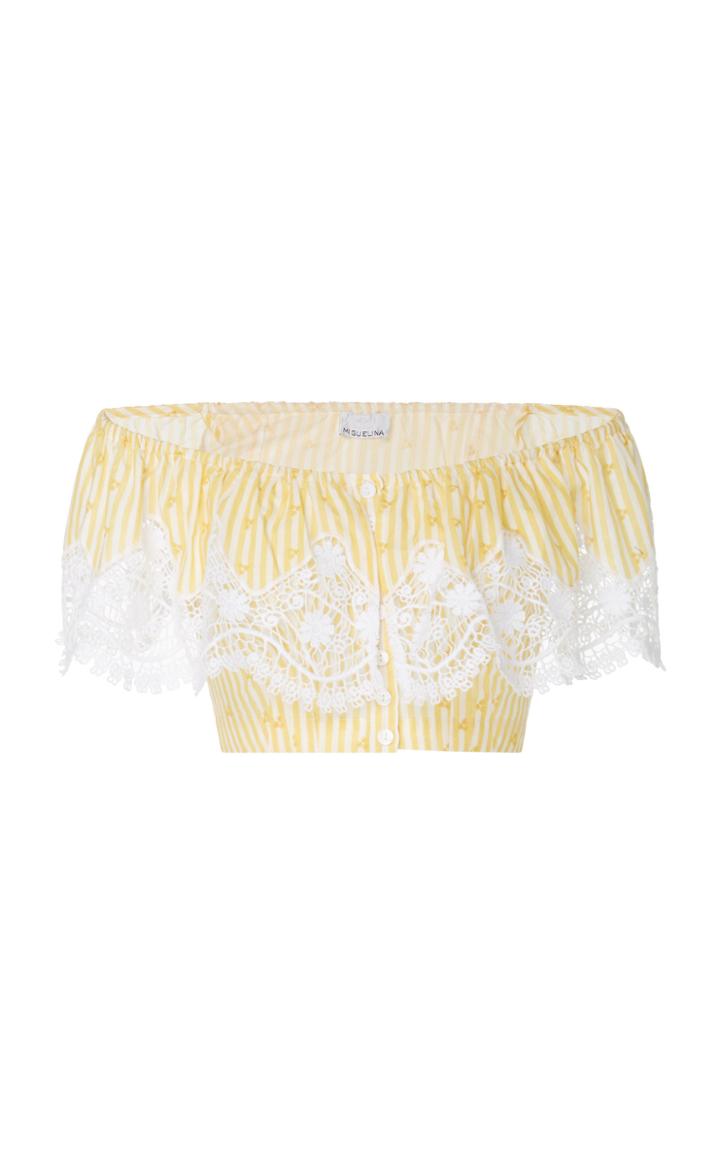 Miguelina Jenna Striped Off-the-shoulder Lace-paneled Cotton Cropped Top