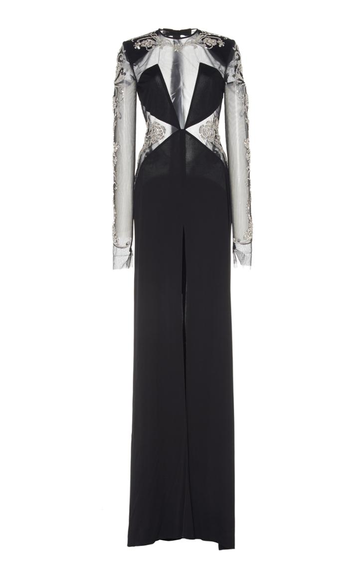 Dundas Crystal Embellished Illusion Long Sleeve Gown