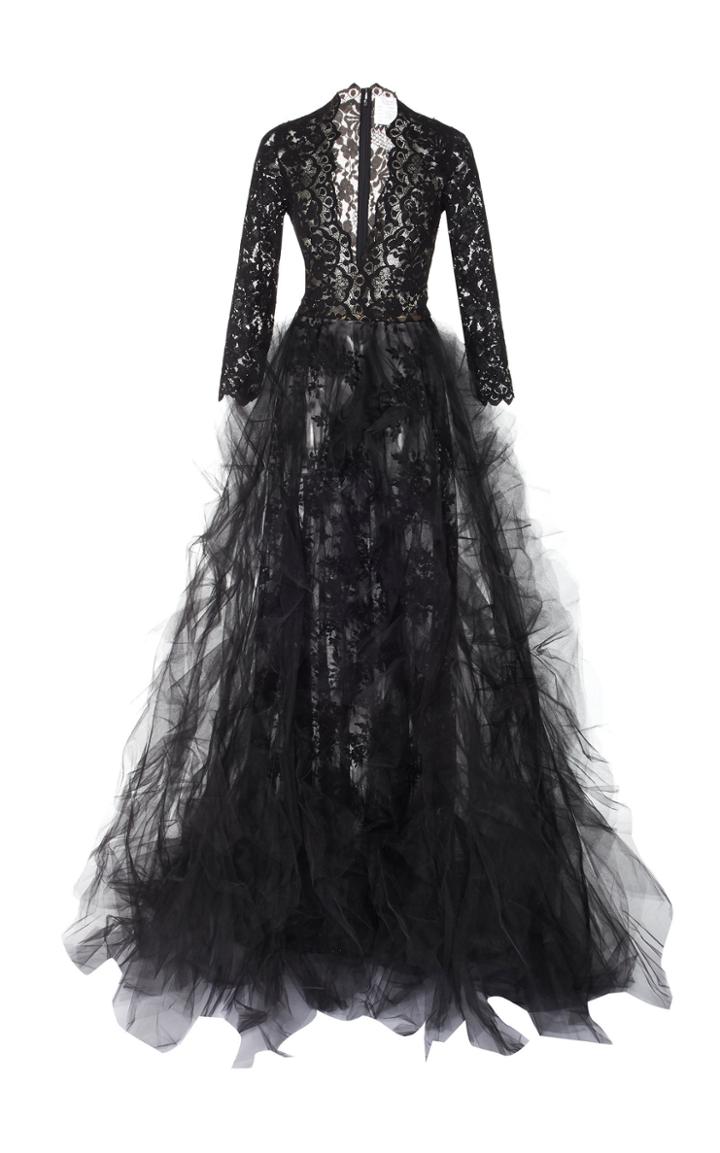 Oscar De La Renta Full Sleeve Lace Gown With Tulle Skirt
