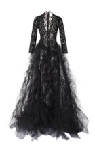 Oscar De La Renta Full Sleeve Lace Gown With Tulle Skirt