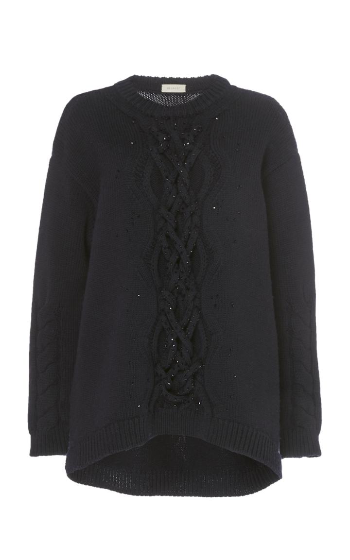 Delpozo Embellished Merino Wool Cable Knit Sweater