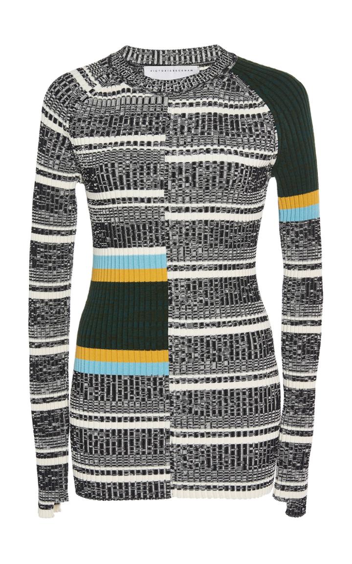 Victoria Beckham Striped Long Sleeve Cotton Rib Knit Top