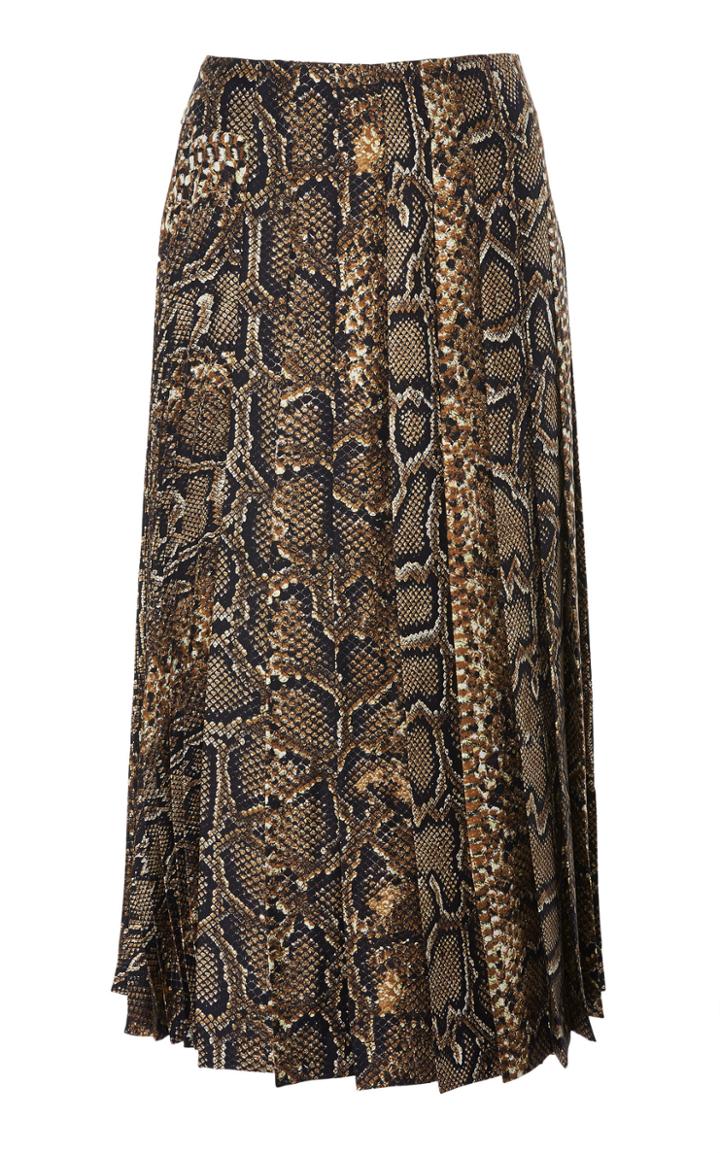 Victoria Beckham Silk Snake Print Pleated Skirt