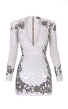 Balmain V-neck Spiked Grid Sequin Embroidered Dress