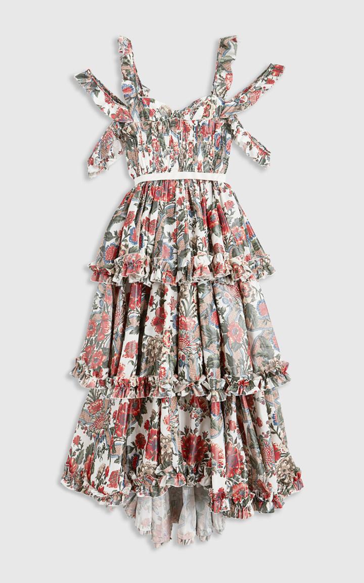 Moda Operandi Brock Collection Samanta Tiered Floral Taffeta Cold-shoulder Maxi Dres