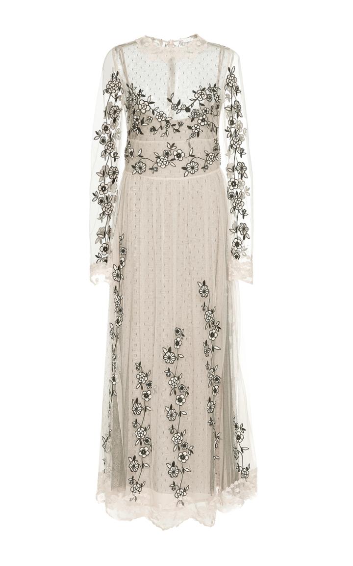 Red Valentino Flower Embroidered Tulle Long Sleeve Dress