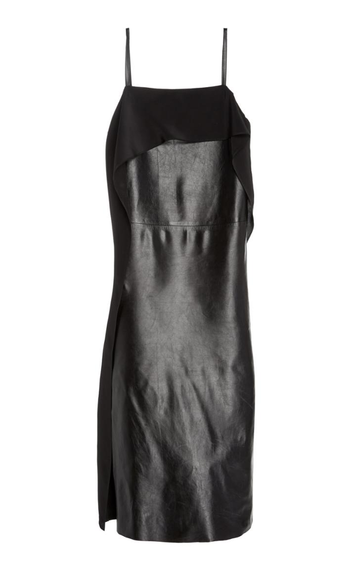 Helmut Lang Draped Satin And Leather Midi Dress