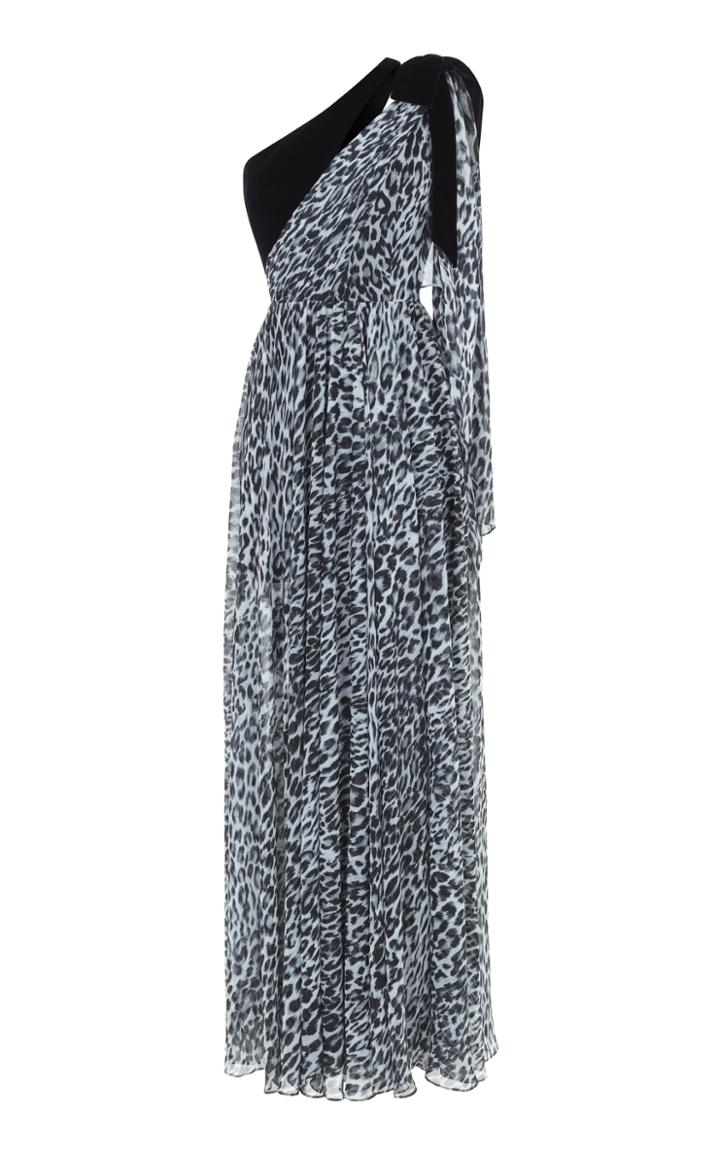 Rasario Silk-blend Velvet And Leopard Print Chiffon One Shoulder Gown