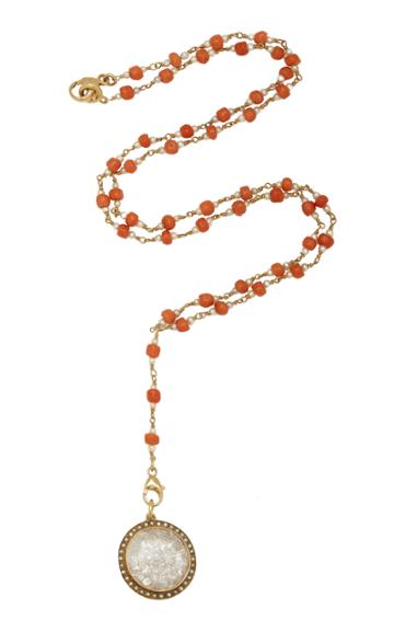 Renee Lewis One-of-a-kind Gold Antique Natural Pearl Rimmed White Diamond Shake Necklace On Natural Pearl And Coral Beaded Chain