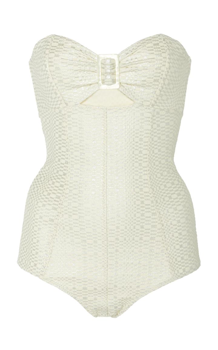 Lisa Marie Fernandez Buckle Cutout Metallic Seersucker Swimsuit