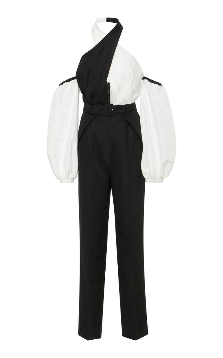 Self Portrait Crossover Two-tone Crepe Jumpsuit