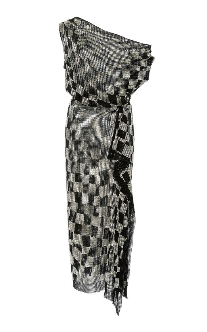 Oscar De La Renta One-shoulder Embroidered Check Dress