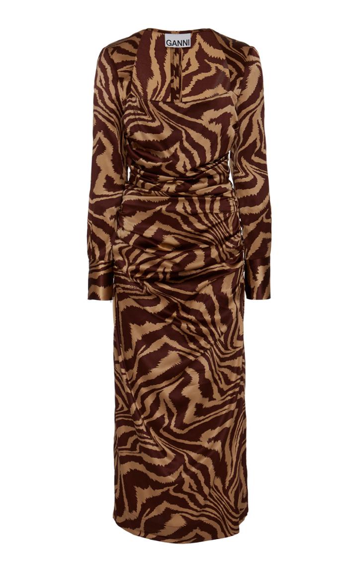 Ganni Silk Stretch Satin Square Neck Midi Dress