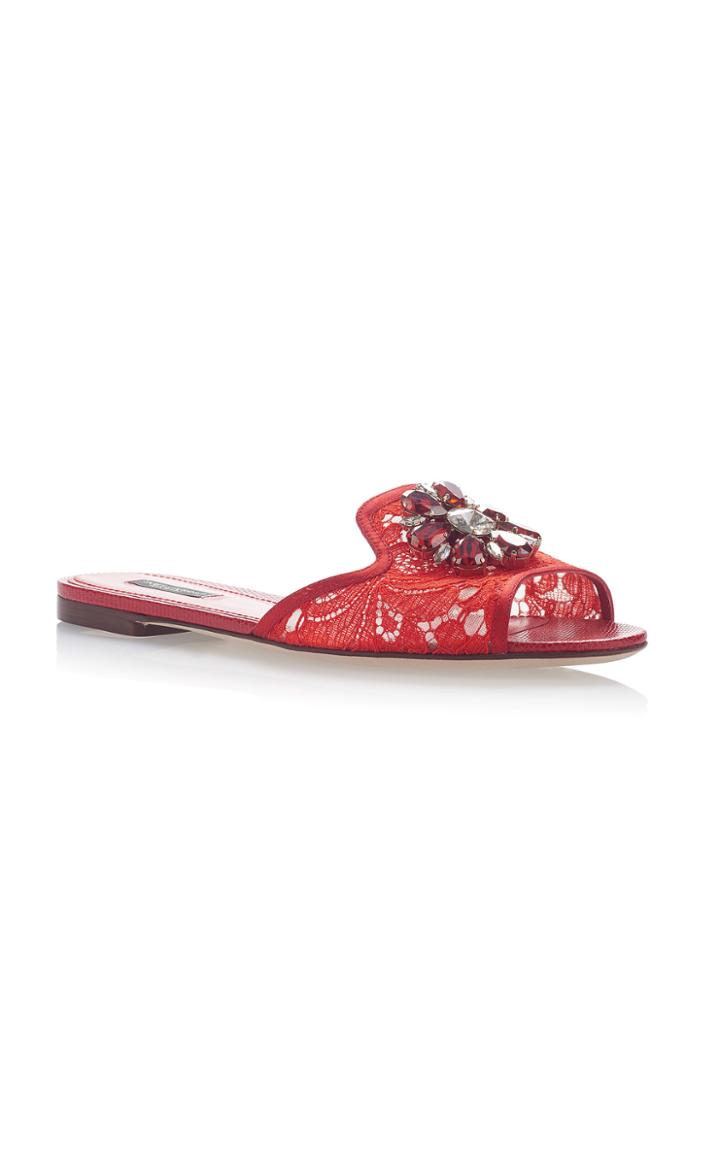 Dolce & Gabbana Embellished Leather-trimmed Lace Slides