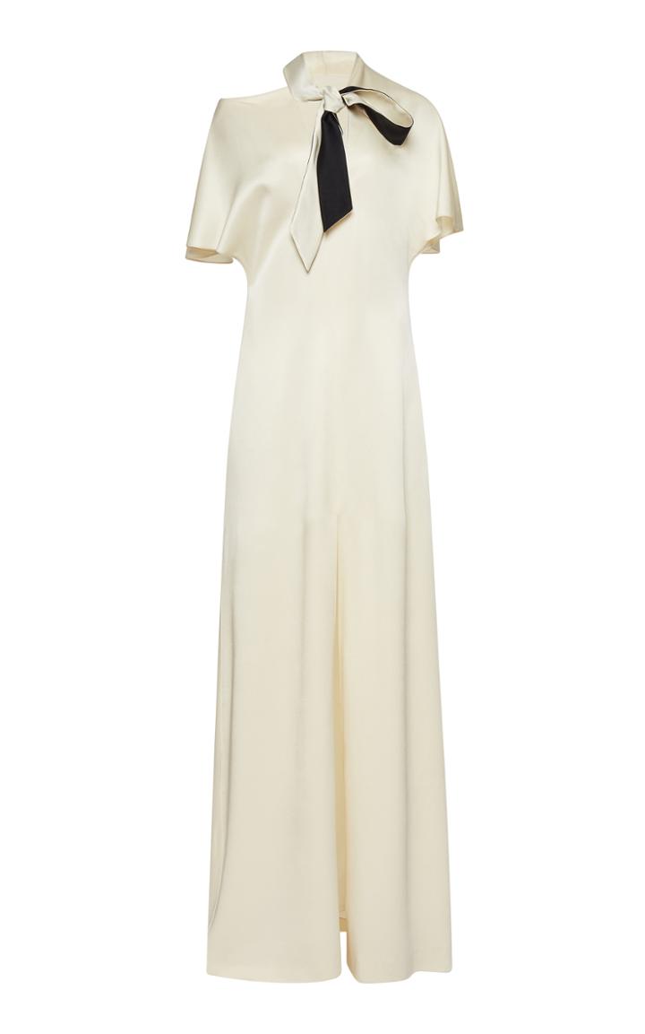 Lanvin Flutter Short Sleeve Satin Gown With Neck Tie