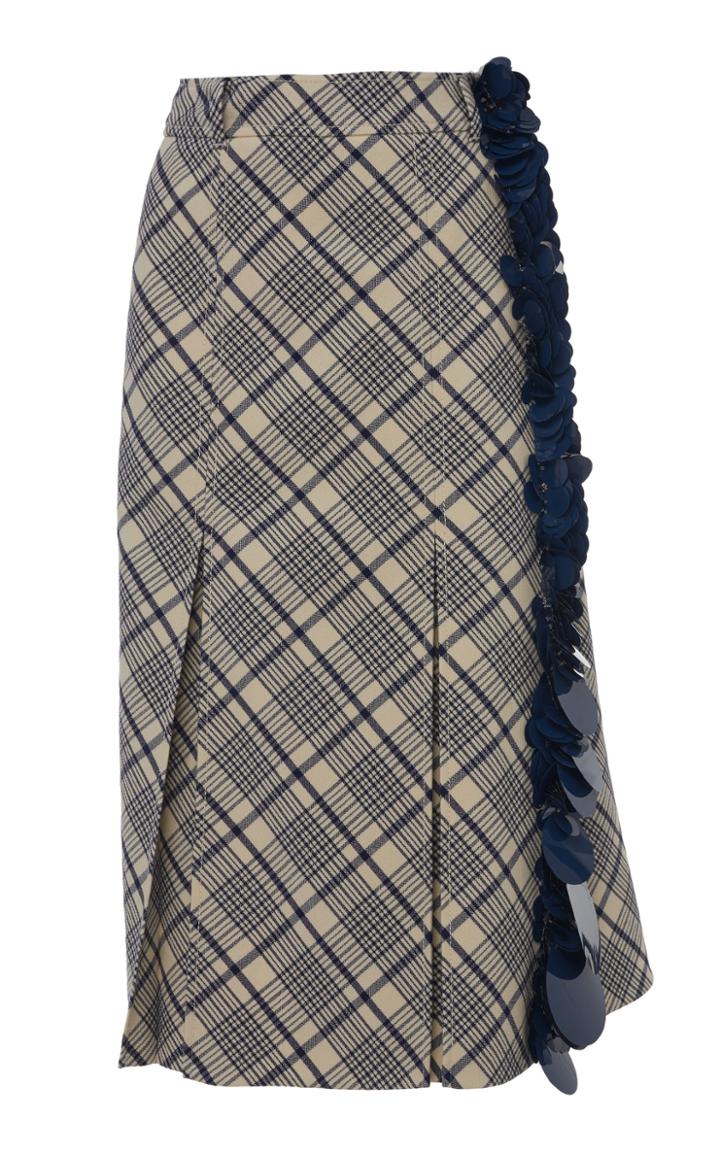 Prada Plaid Paillette Embroidered Wool Midi Skirt