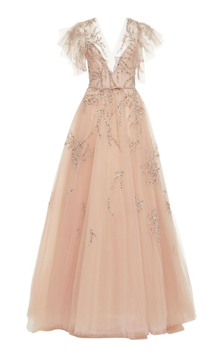 Monique Lhuillier Embroidered Illusion Ruffle Sleeve A-line Gown
