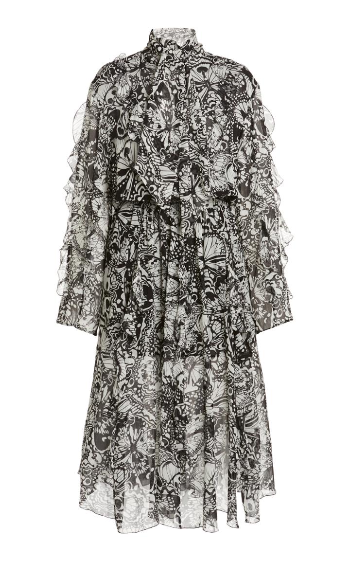 Moda Operandi Dundas Ruffled Printed Chiffon Tie-neck Midi Dress