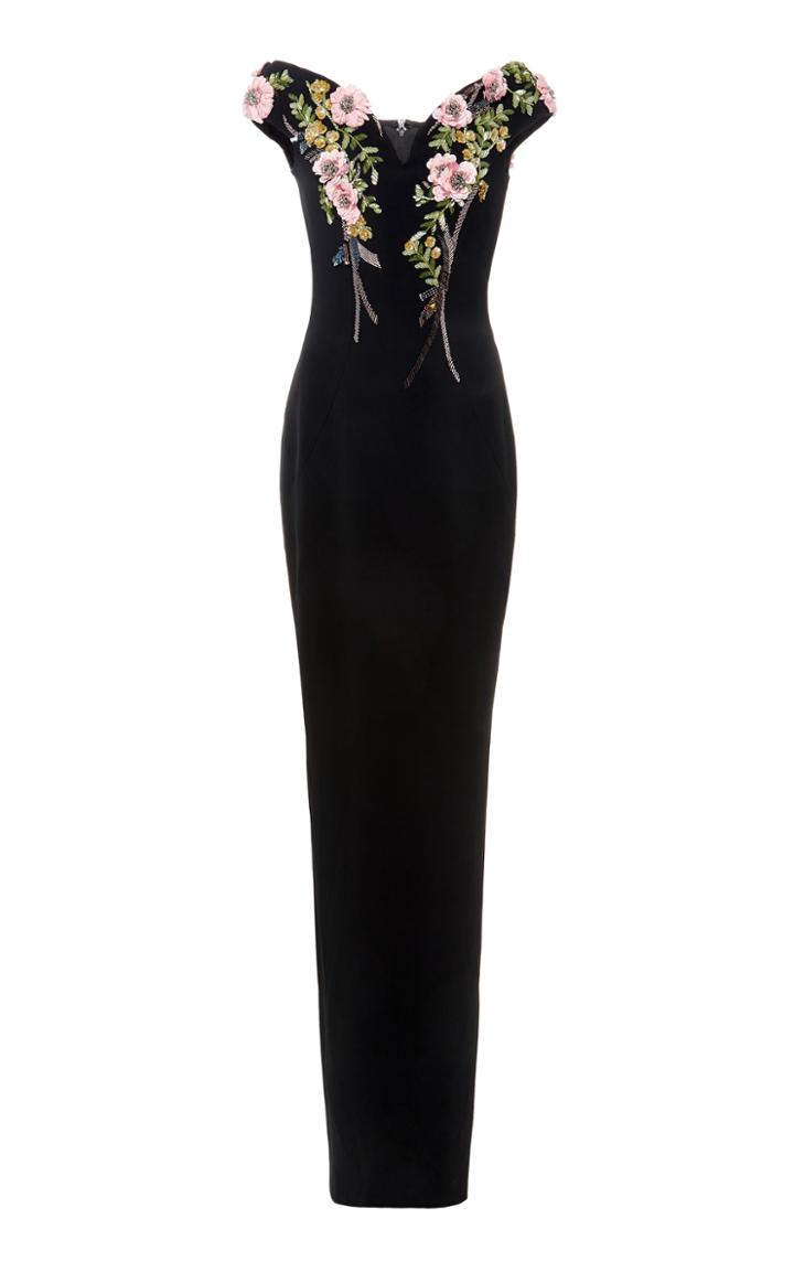 Pamella Roland Stretch Crepe Gown With Crystal Embroidered Neckline