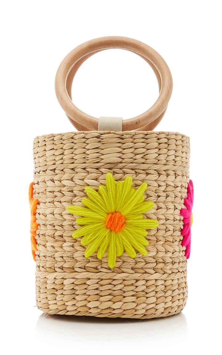 Poolside Bobbi Floral-embroidered Straw Bucket Bag