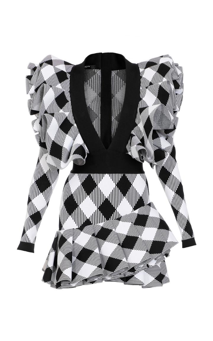 Moda Operandi Balmain Ruffled Gingham Jacquard-knit Mini Dress
