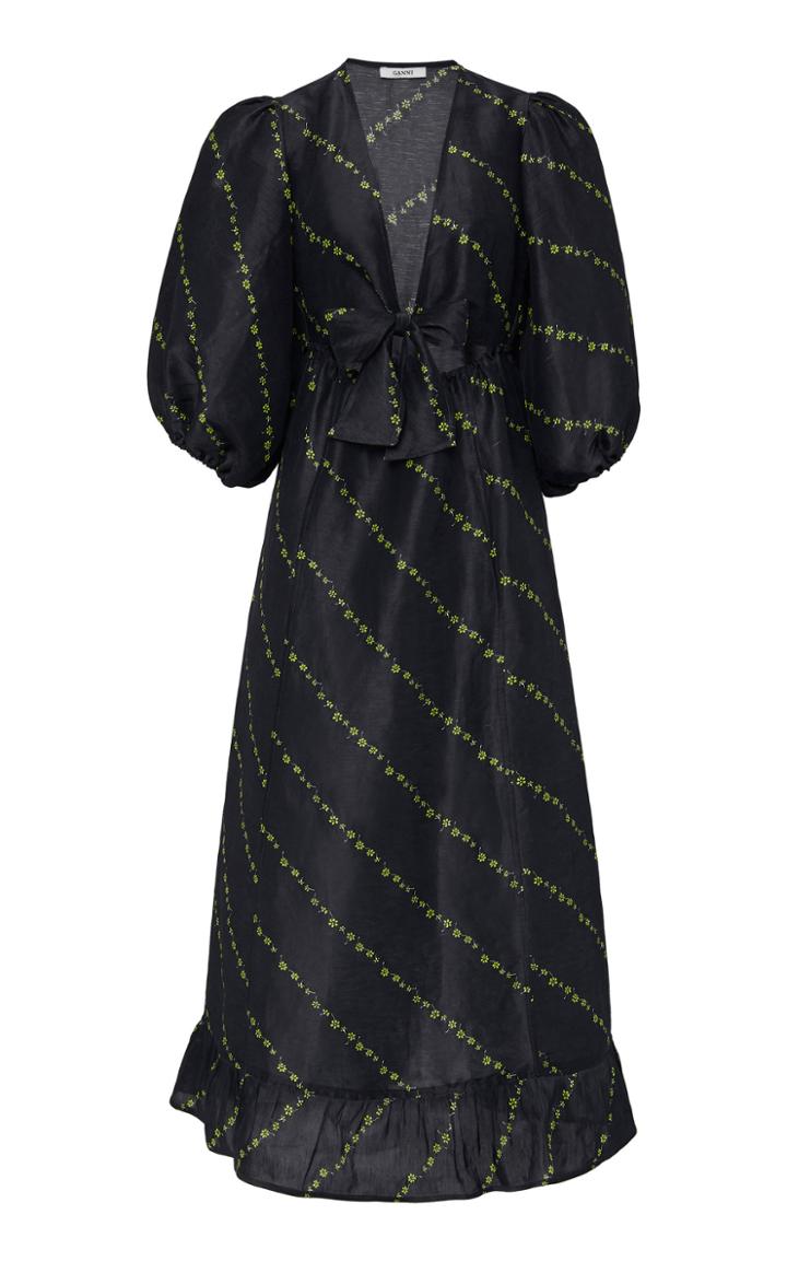 Ganni Floral-print Linen And Silk Midi Dress