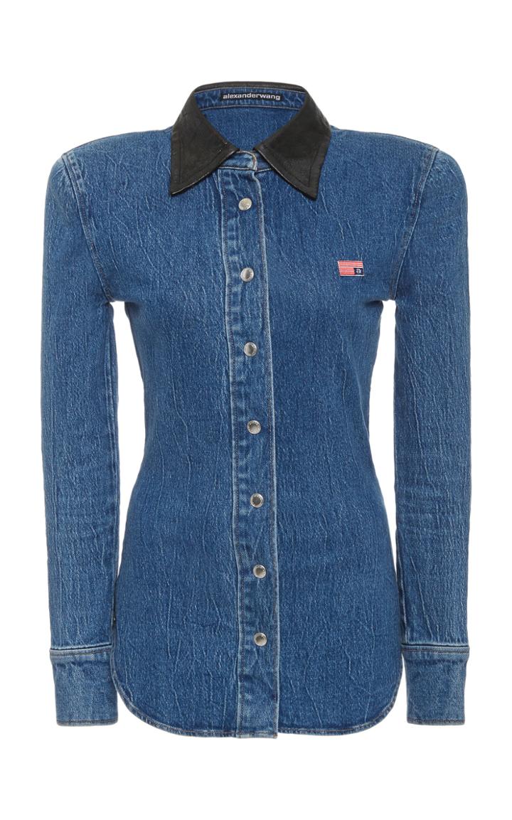 Alexander Wang Leather-collar Denim Button-front Shirt