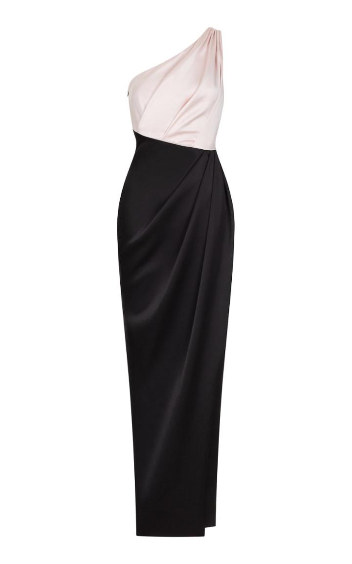 Moda Operandi Rasario Two-tone Draped Satin One-shoulder Maxi Dress