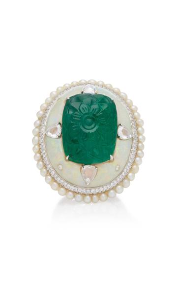 Saboo Aura 18k White Gold Carved Emerald Opal And Diamond Ring
