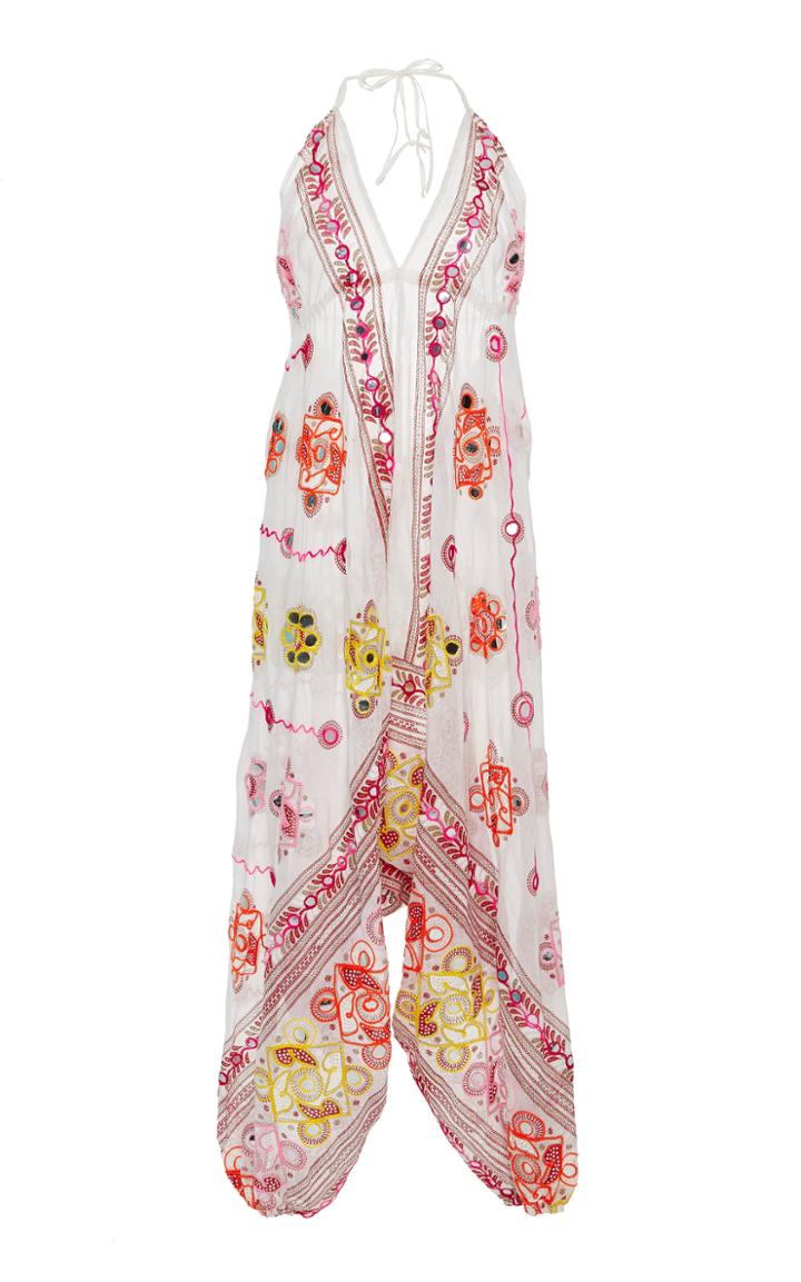 Juliet Dunn Halterneck Embroidered Cotton Jumpsuit